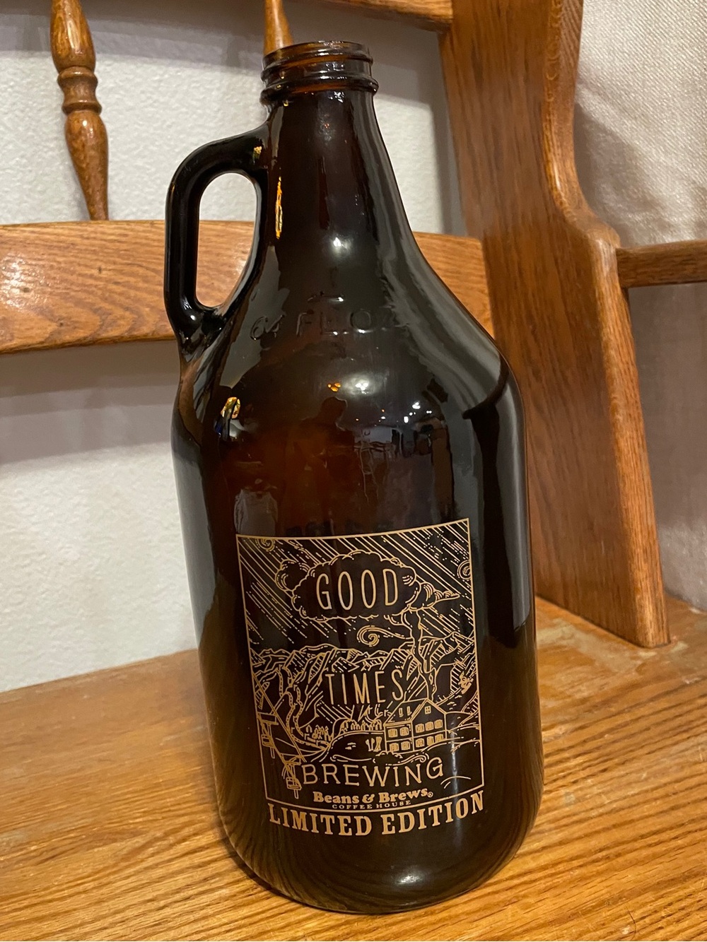 Beans & Brews Coffee House  Beer Growler Large 64 oz Amber Glass Jug